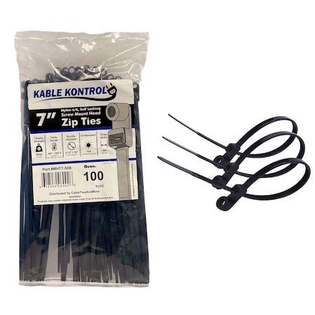 Kable Kontrol Cable Tie, 7 in L, 1.80 in Max Bundle Dia., Black, Nylon 6/6, 50 lb Strength, 100 PK MHT7-50-Black